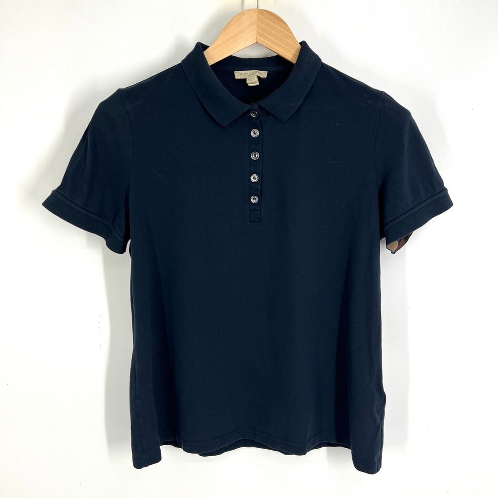 Burberry Brit Womens XL Navy Blue Nova Check Cuff Short Sleeve Pique Polo Shirt